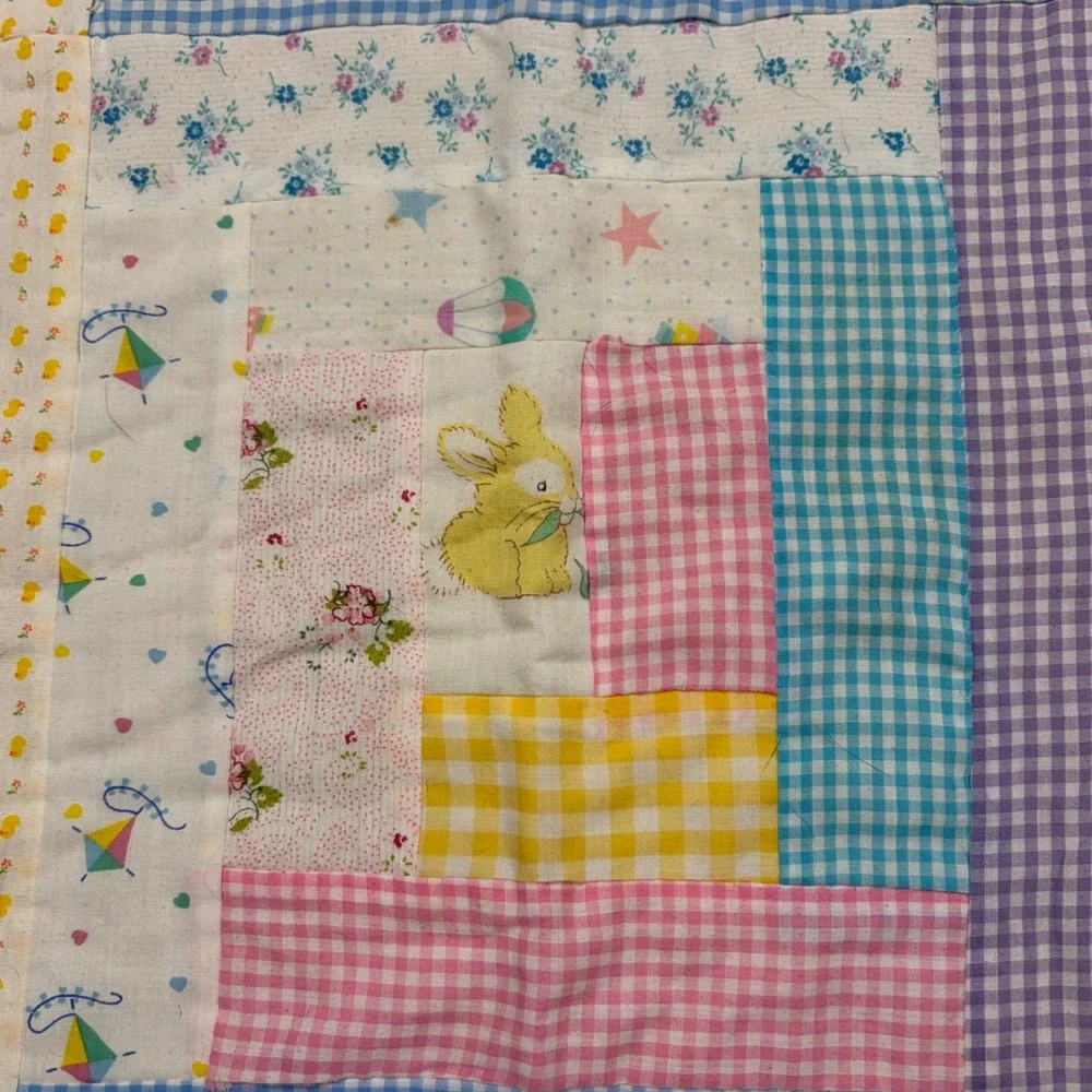 Vintage Handmade Baby Quilt Pastel Gingham Bunny Log Cabin Eyelet Trim 44x45